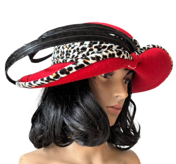 NWT Vintage 1960\'s Mr. John Classic Hat Red with animal print & large feathers main image 14